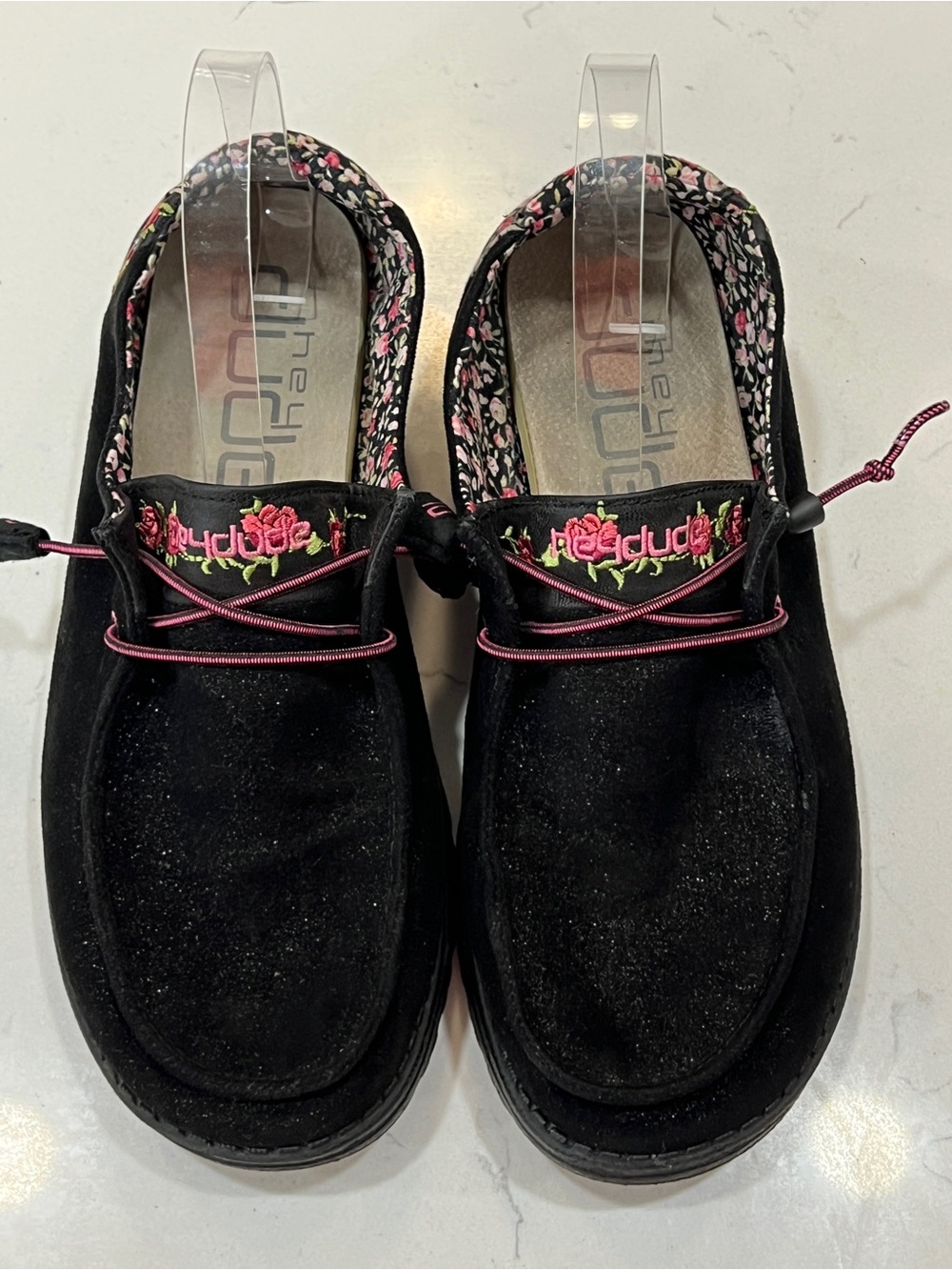 Hey Dude Sz 9 Wendy Jodi Inked Loafers Black Glitter Pink Embroidered Rose